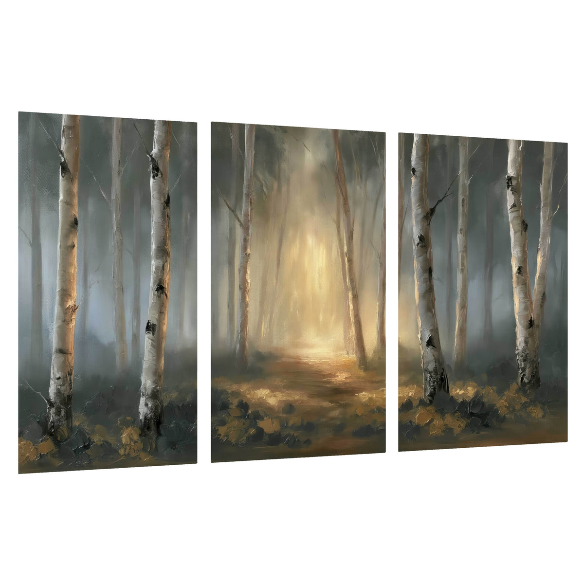 Misty birch forest painting set of 3 poster prints on a white background