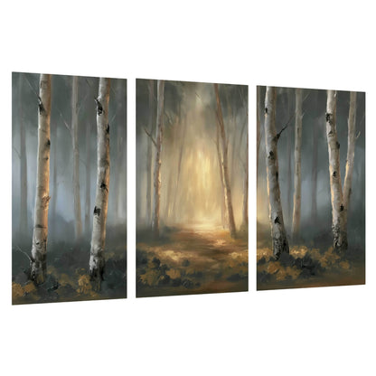 Misty birch forest painting set of 3 poster prints on a white background
