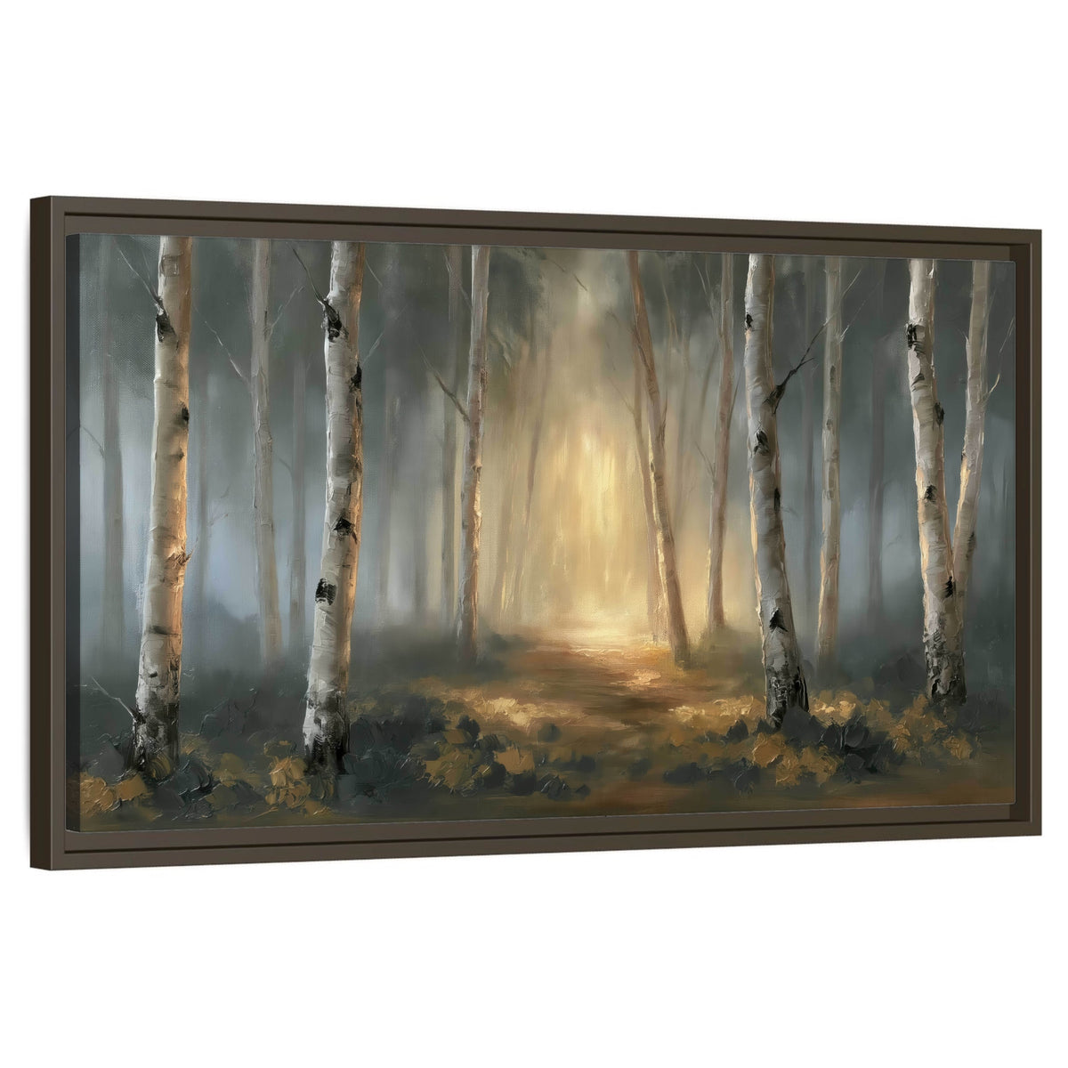 Misty birch forest painting framed canvas wall art on a white background