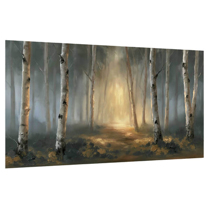 Misty birch forest painting poster print on a white background