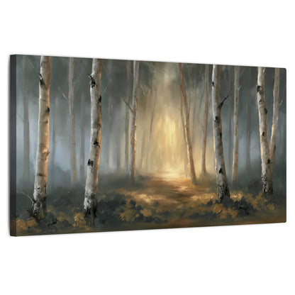 Misty birch forest painting stretched canvas wall art on a white background