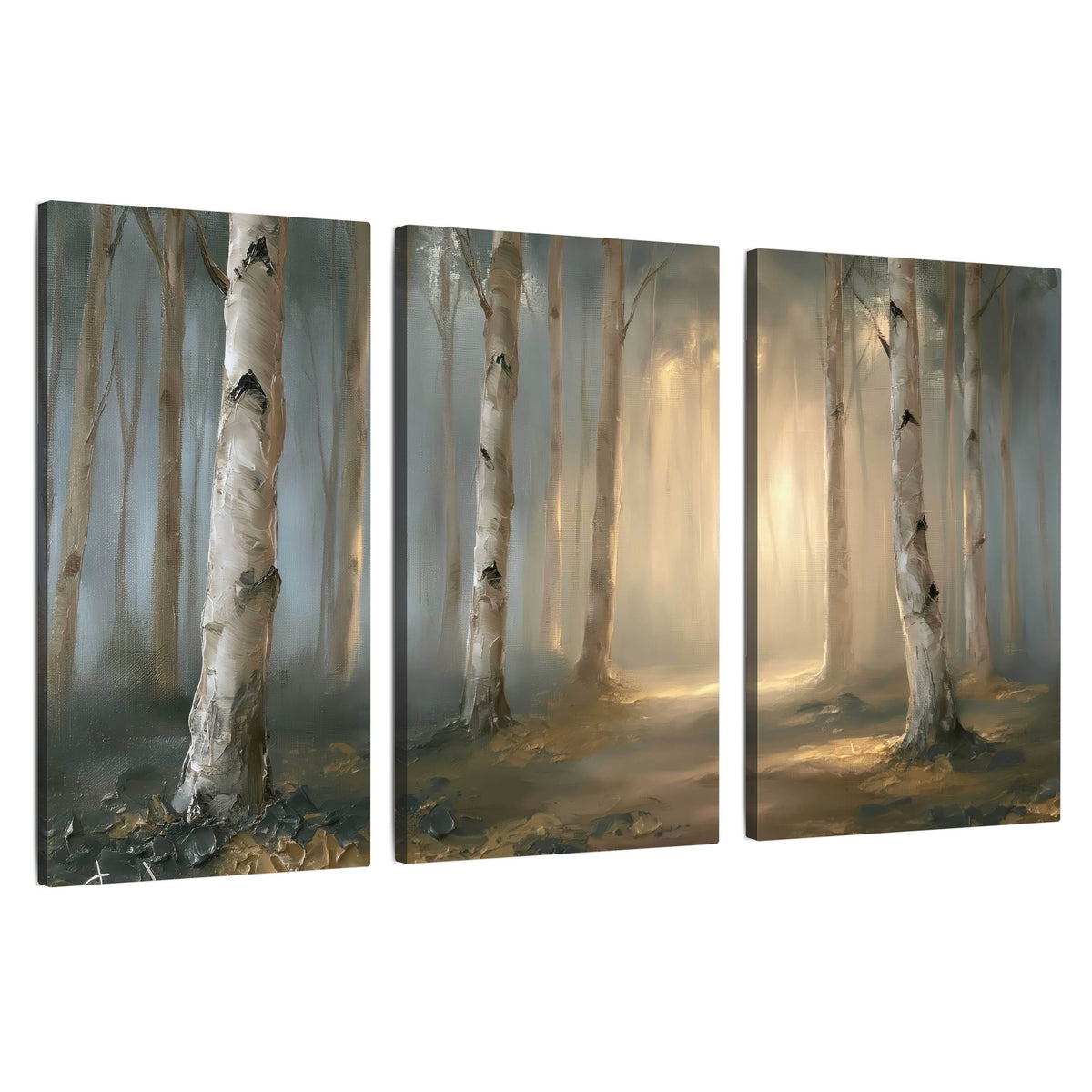Birch forest path painting 3 piece canvas wall art set on a white background