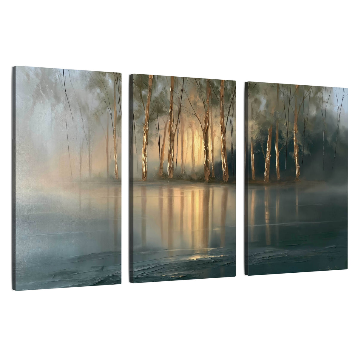 Misty lake sunrise painting 3 piece canvas wall art set on a white background