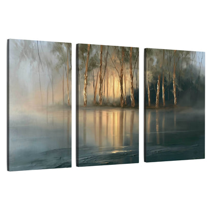 Misty lake sunrise painting 3 piece canvas wall art set on a white background