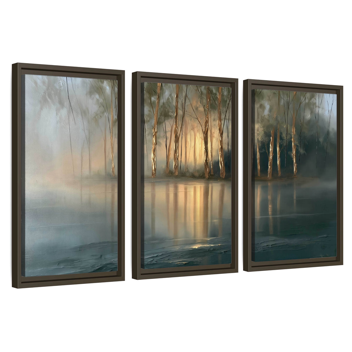 Misty lake sunrise painting 3 piece framed canvas wall art set on a white background