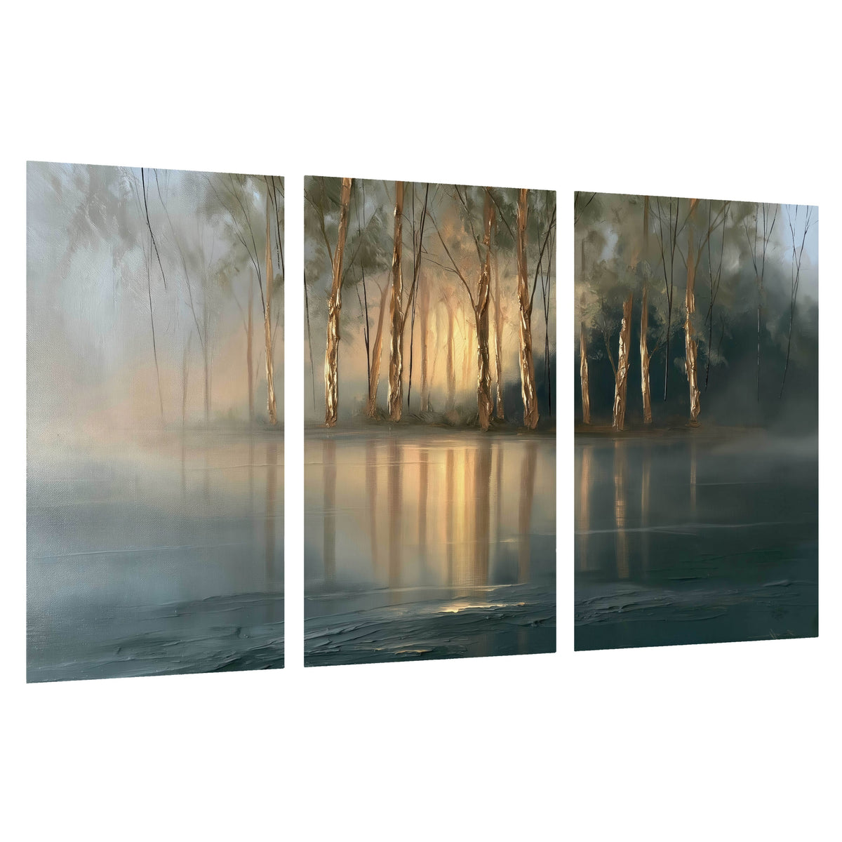 Misty lake sunrise painting set of 3 poster prints on a white background