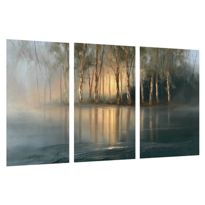 Misty lake sunrise painting set of 3 poster prints on a white background