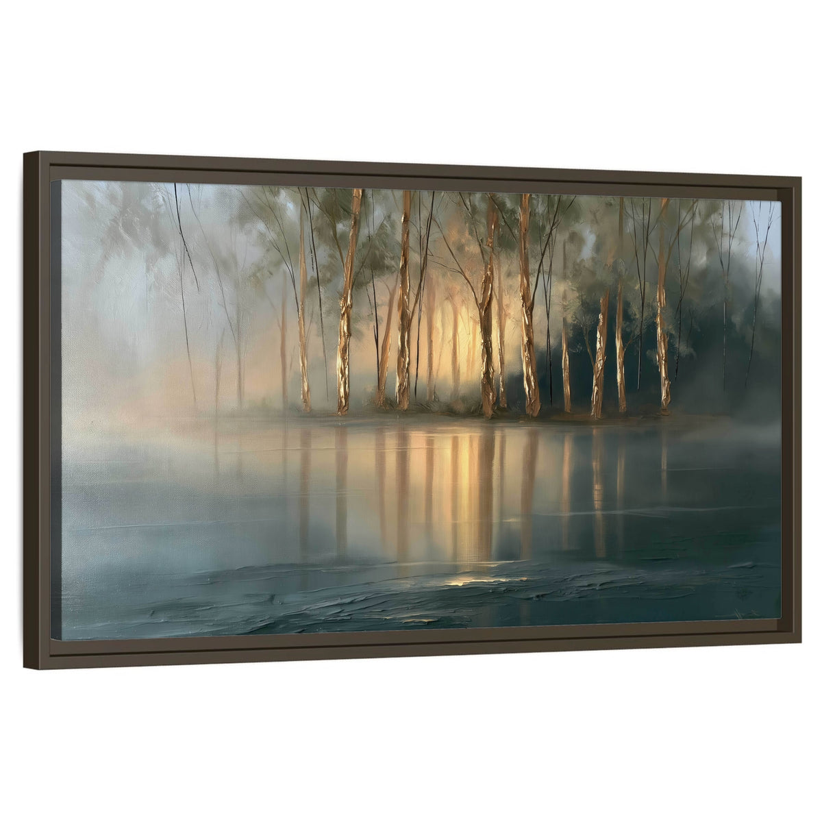 Misty lake sunrise painting framed canvas wall art on a white background