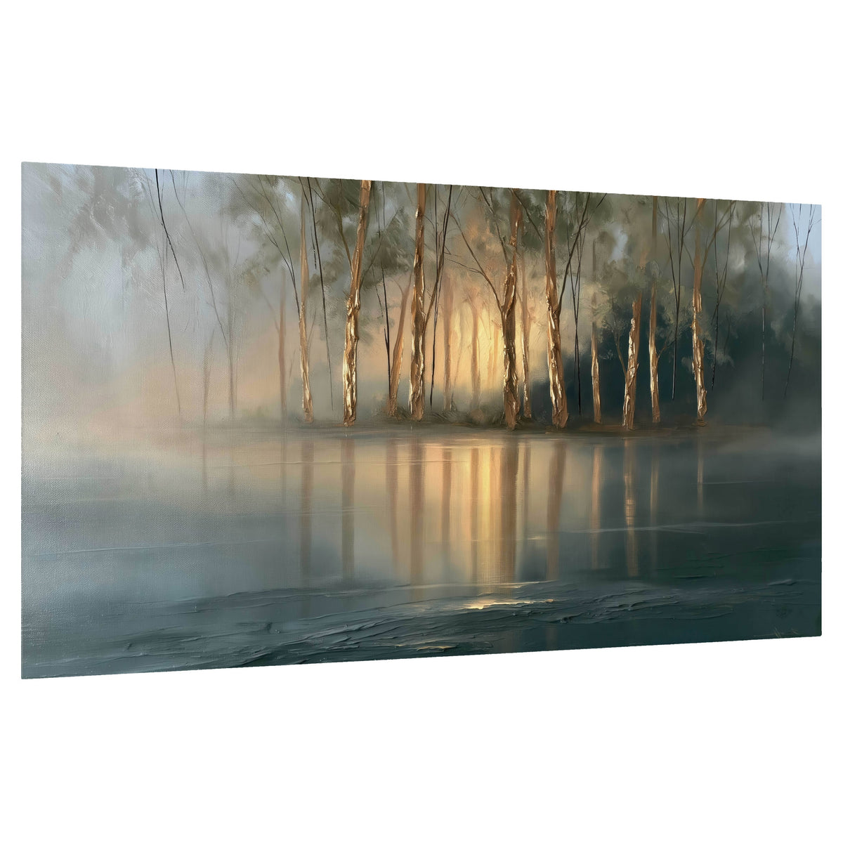 Misty lake sunrise painting poster print on a white background