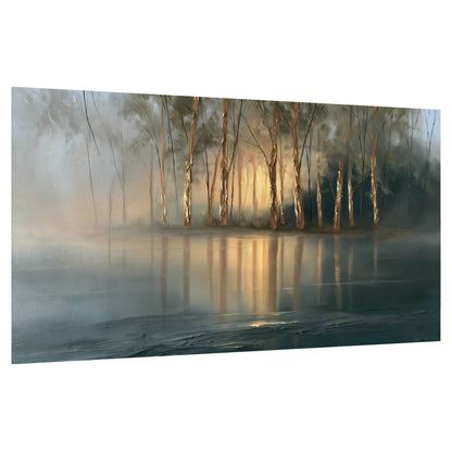 Misty lake sunrise painting poster print on a white background