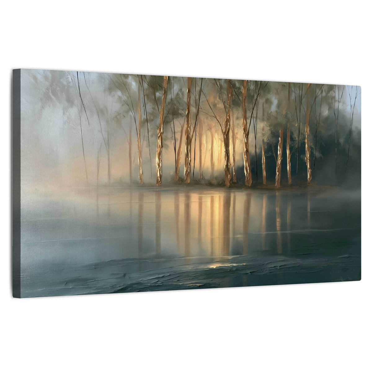 Misty lake sunrise painting stretched canvas wall art on a white background
