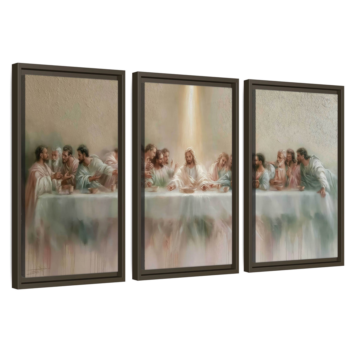 The Last Supper painting 3 piece framed canvas wall art set on a white background