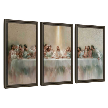 The Last Supper painting 3 piece framed canvas wall art set on a white background