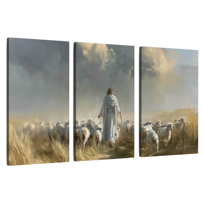 Jesus the Good Shepherd painting 3 piece canvas wall art set on a white background