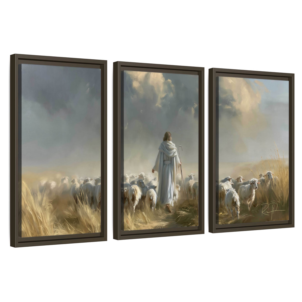 Jesus the Good Shepherd painting 3 piece framed canvas wall art set on a white background