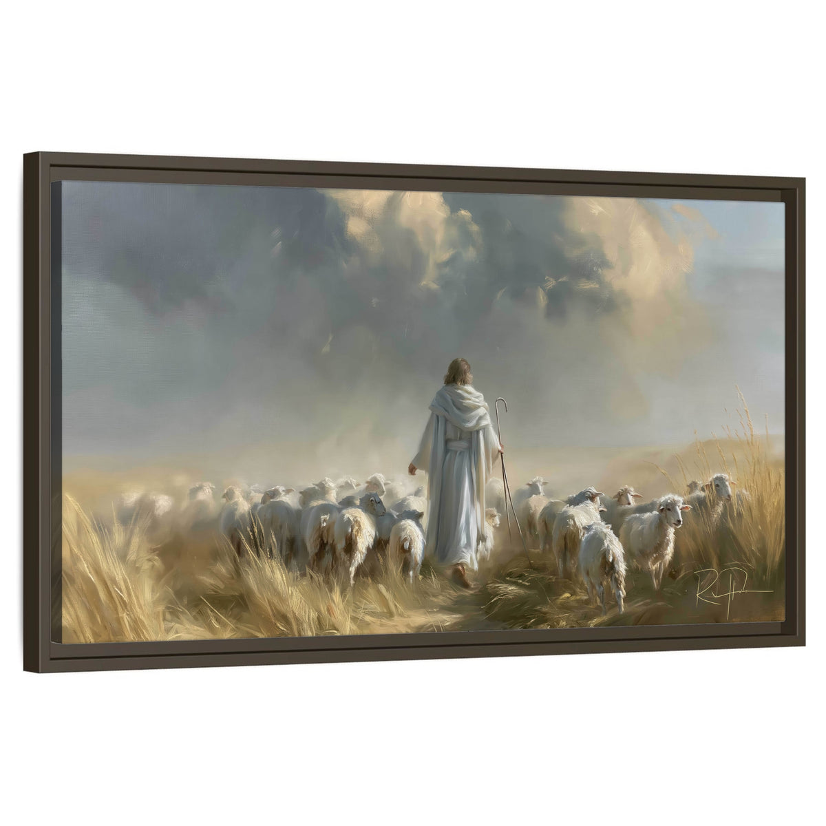 Jesus the Good Shepherd painting framed canvas wall art on a white background