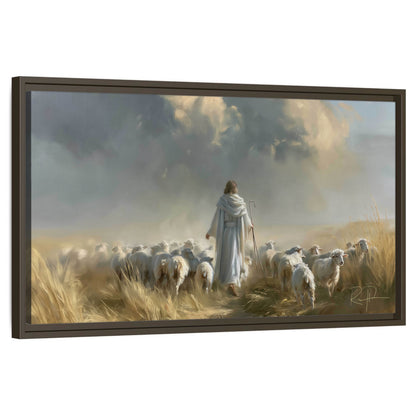 Jesus the Good Shepherd painting framed canvas wall art on a white background