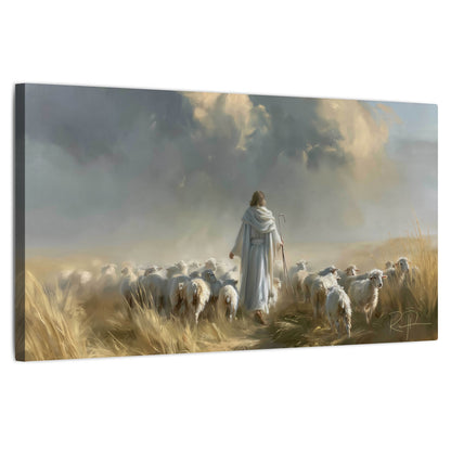 Jesus the Good Shepherd painting stretched canvas wall art on a white background