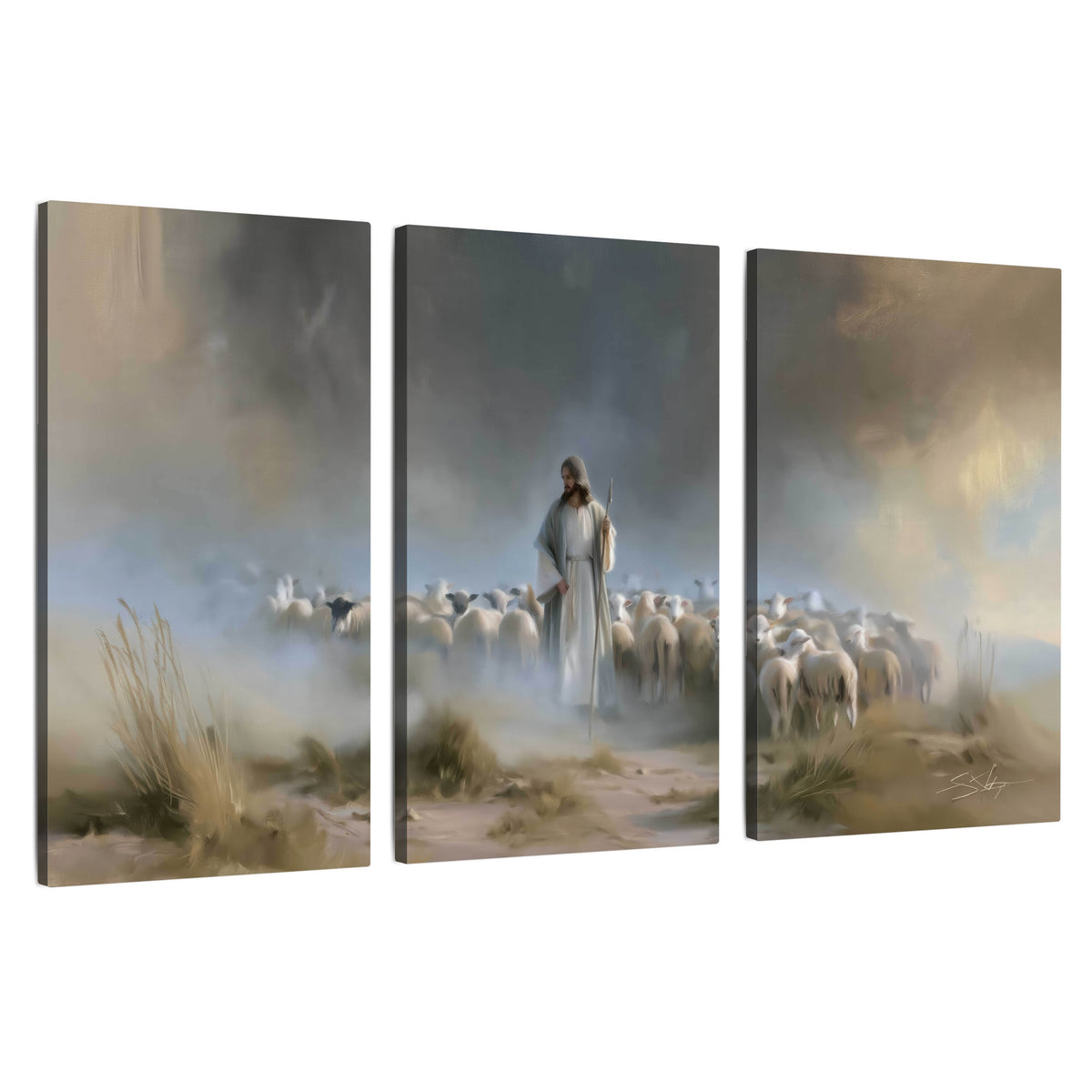 Good Shepherd in the mist painting 3 piece canvas wall art set on a white background