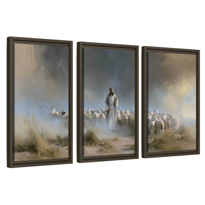 Good Shepherd in the mist painting 3 piece framed canvas wall art set on a white background