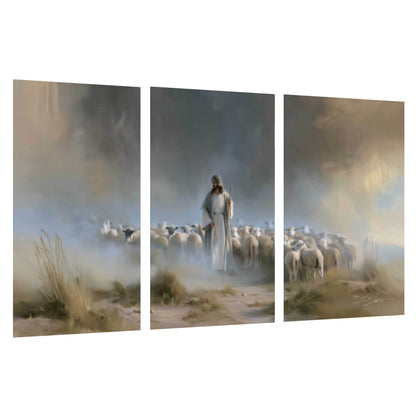 Good Shepherd in the mist painting set of 3 poster prints on a white background