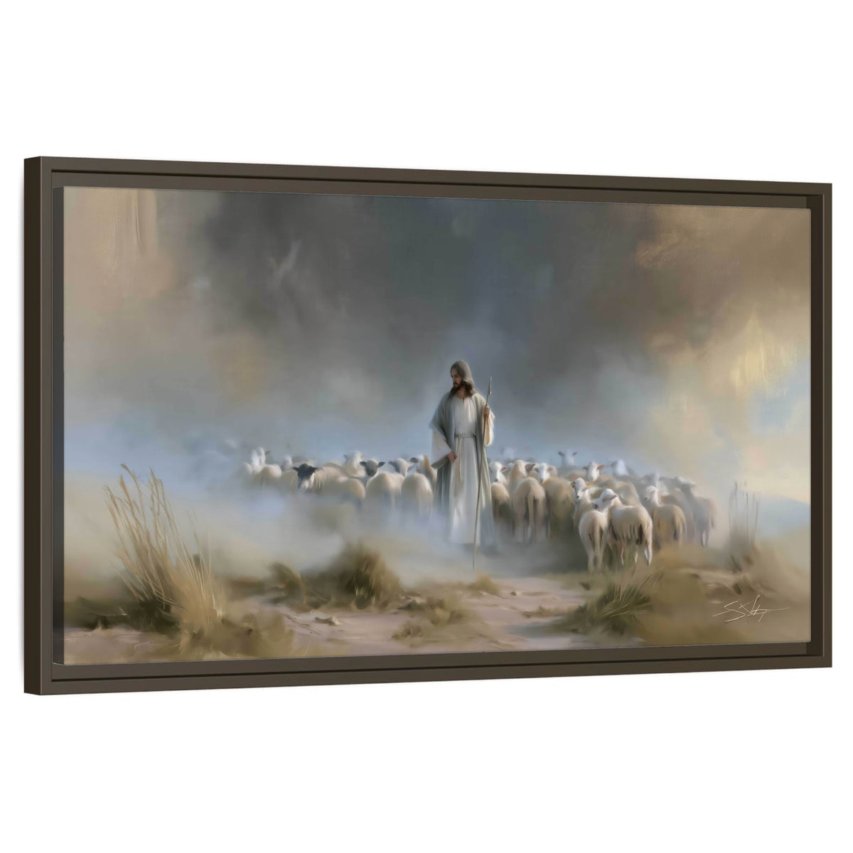 Good Shepherd in the mist painting framed canvas wall art on a white background