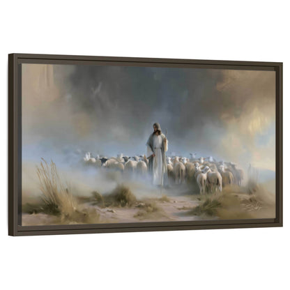 Good Shepherd in the mist painting framed canvas wall art on a white background