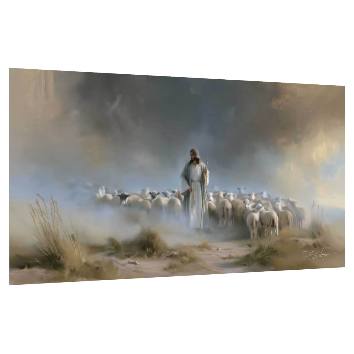 Good Shepherd in the mist painting poster print on a white background