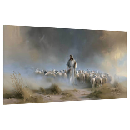 Good Shepherd in the mist painting poster print on a white background