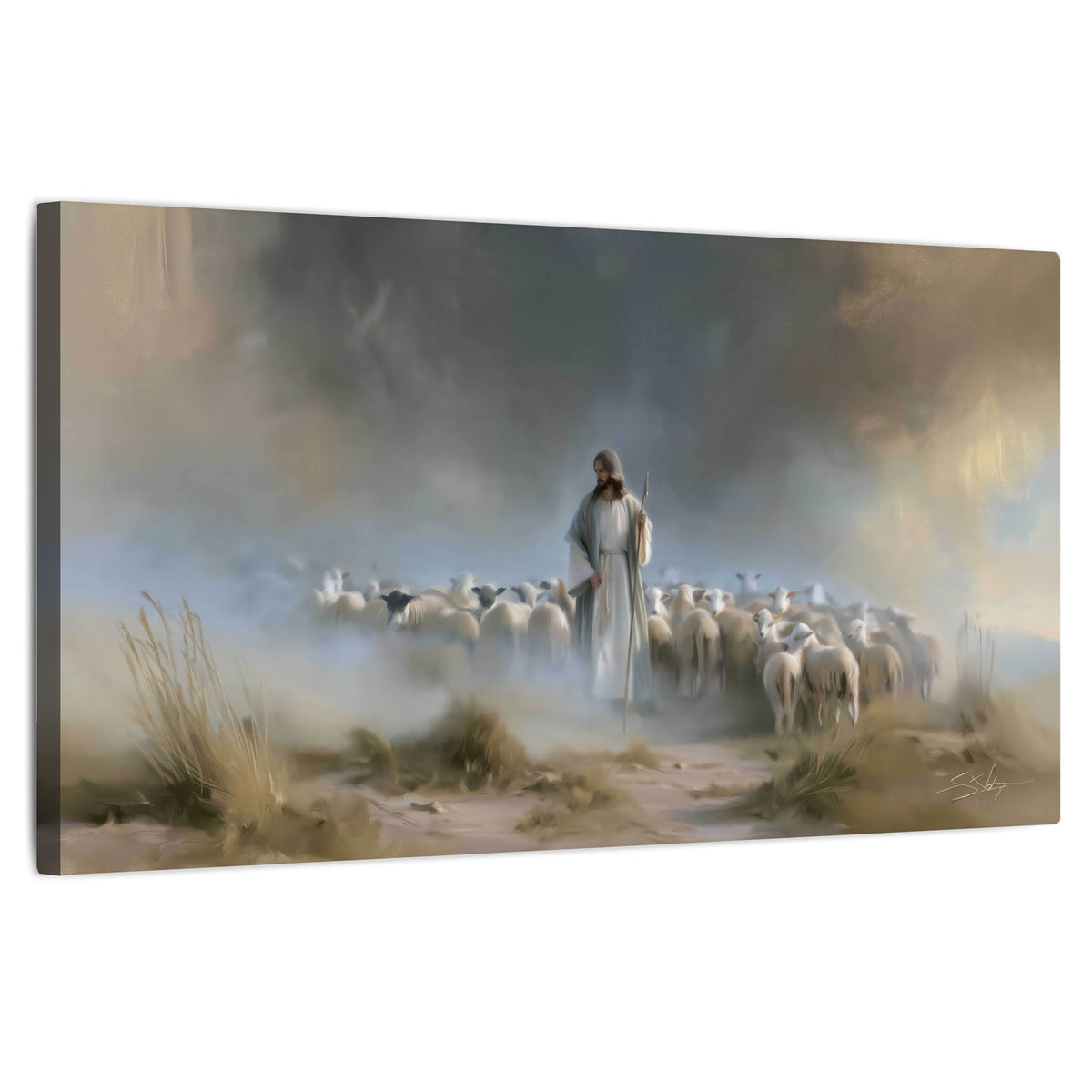 Good Shepherd in the mist painting stretched canvas wall art on a white background