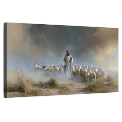 Good Shepherd in the mist painting stretched canvas wall art on a white background