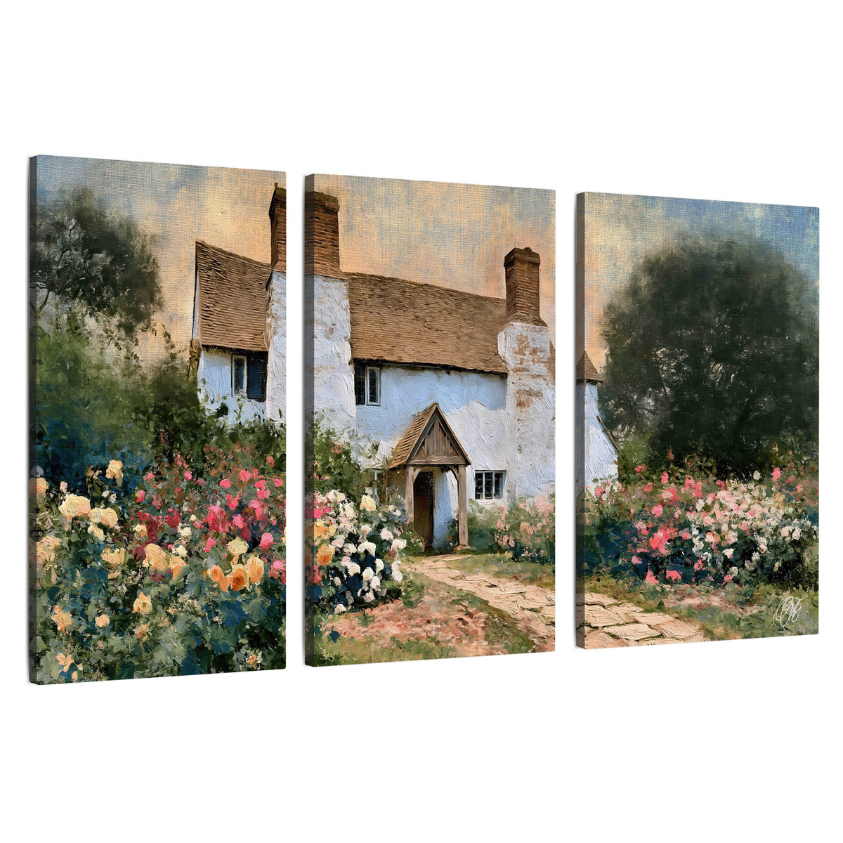 English cottage garden painting 3 piece canvas wall art set on a white background