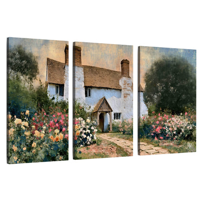 English cottage garden painting 3 piece canvas wall art set on a white background