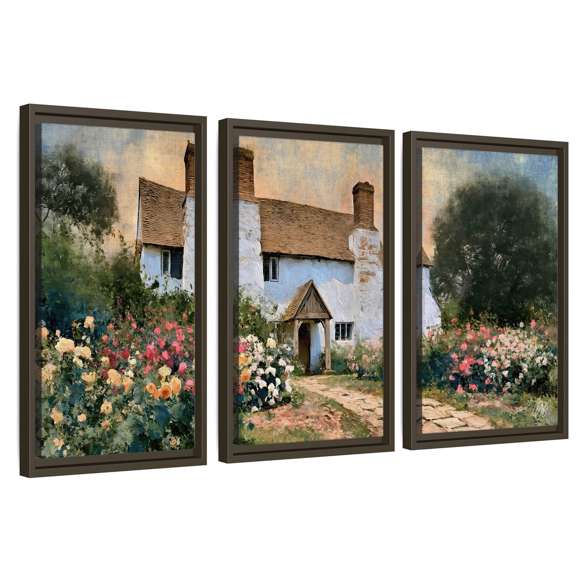 English cottage garden painting 3 piece framed canvas wall art set on a white background