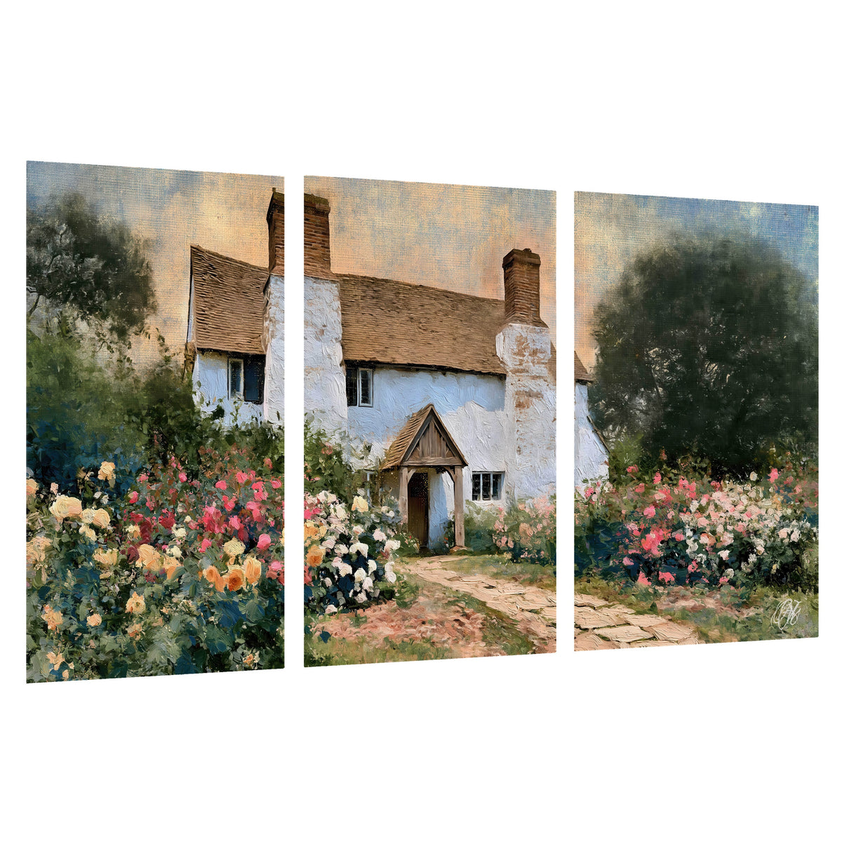 English cottage garden painting set of 3 poster prints on a white background
