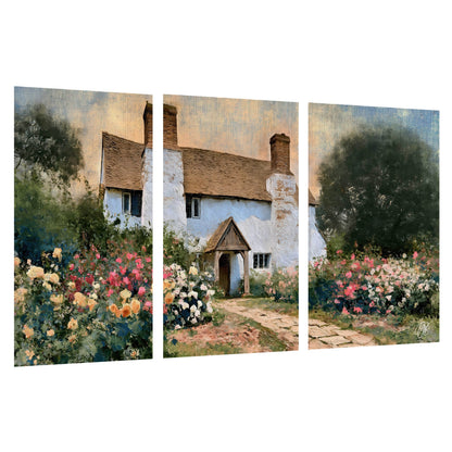 English cottage garden painting set of 3 poster prints on a white background
