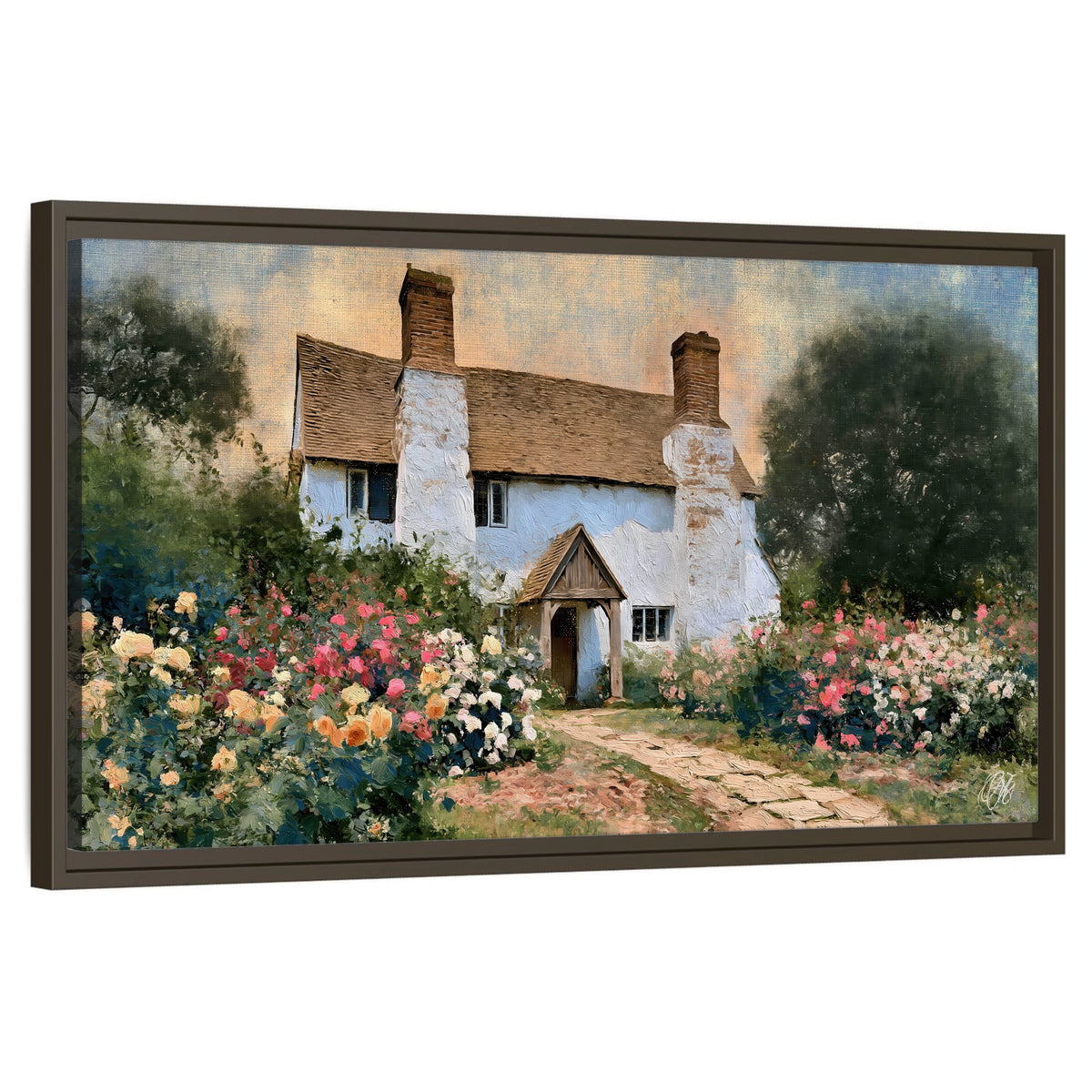English cottage garden painting framed canvas wall art on a white background