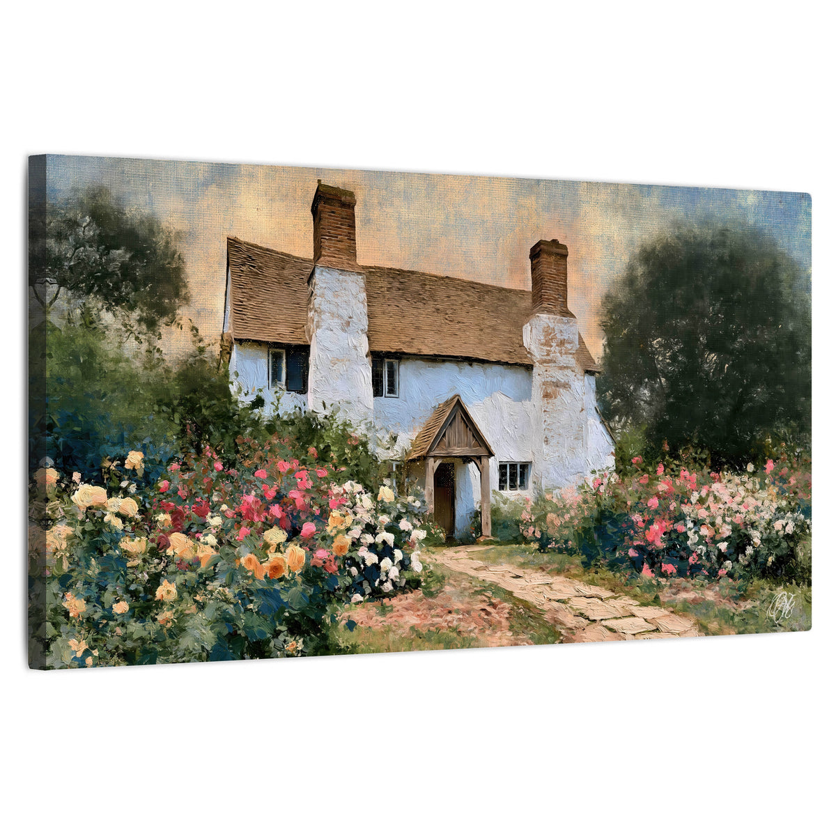 English cottage garden painting stretched canvas wall art on a white background