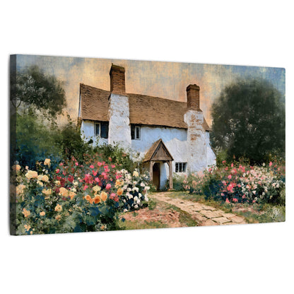 English cottage garden painting stretched canvas wall art on a white background