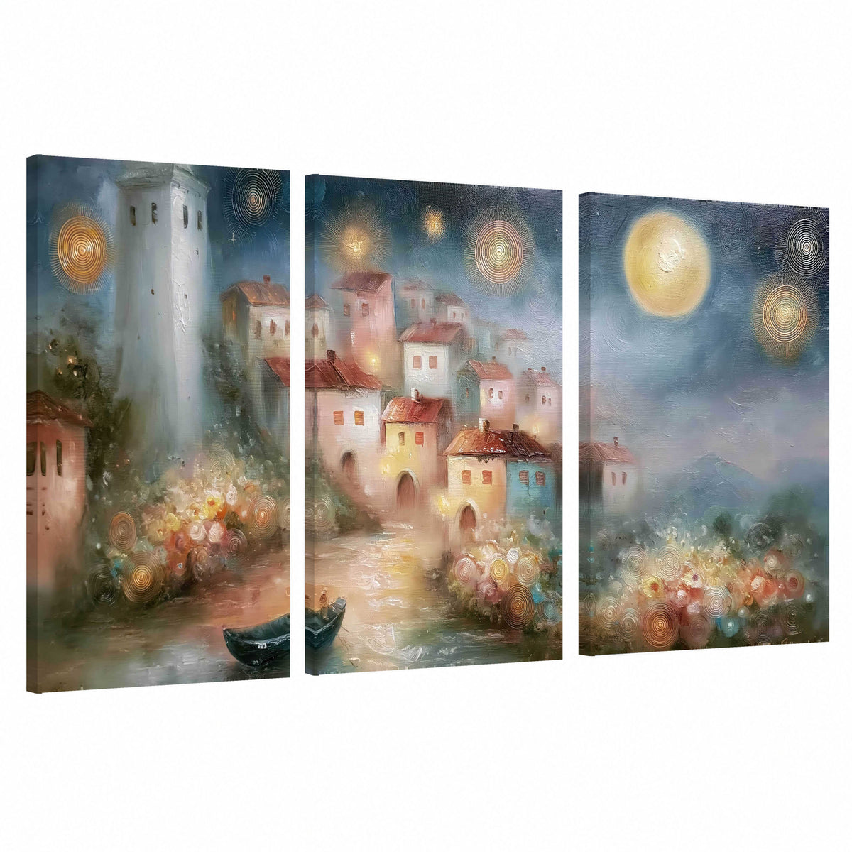 Moonlit village painting 3 piece canvas wall art set on a white background