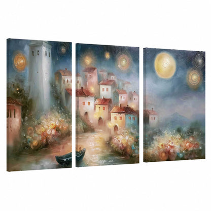 Moonlit village painting 3 piece canvas wall art set on a white background