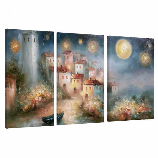 Moonlit village painting 3 piece canvas wall art set on a white background