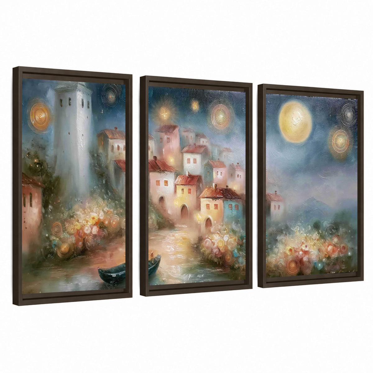 Moonlit village painting 3 piece framed canvas wall art set on a white background