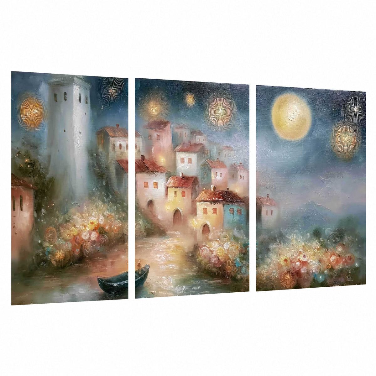 Moonlit village painting set of 3 poster prints on a white background