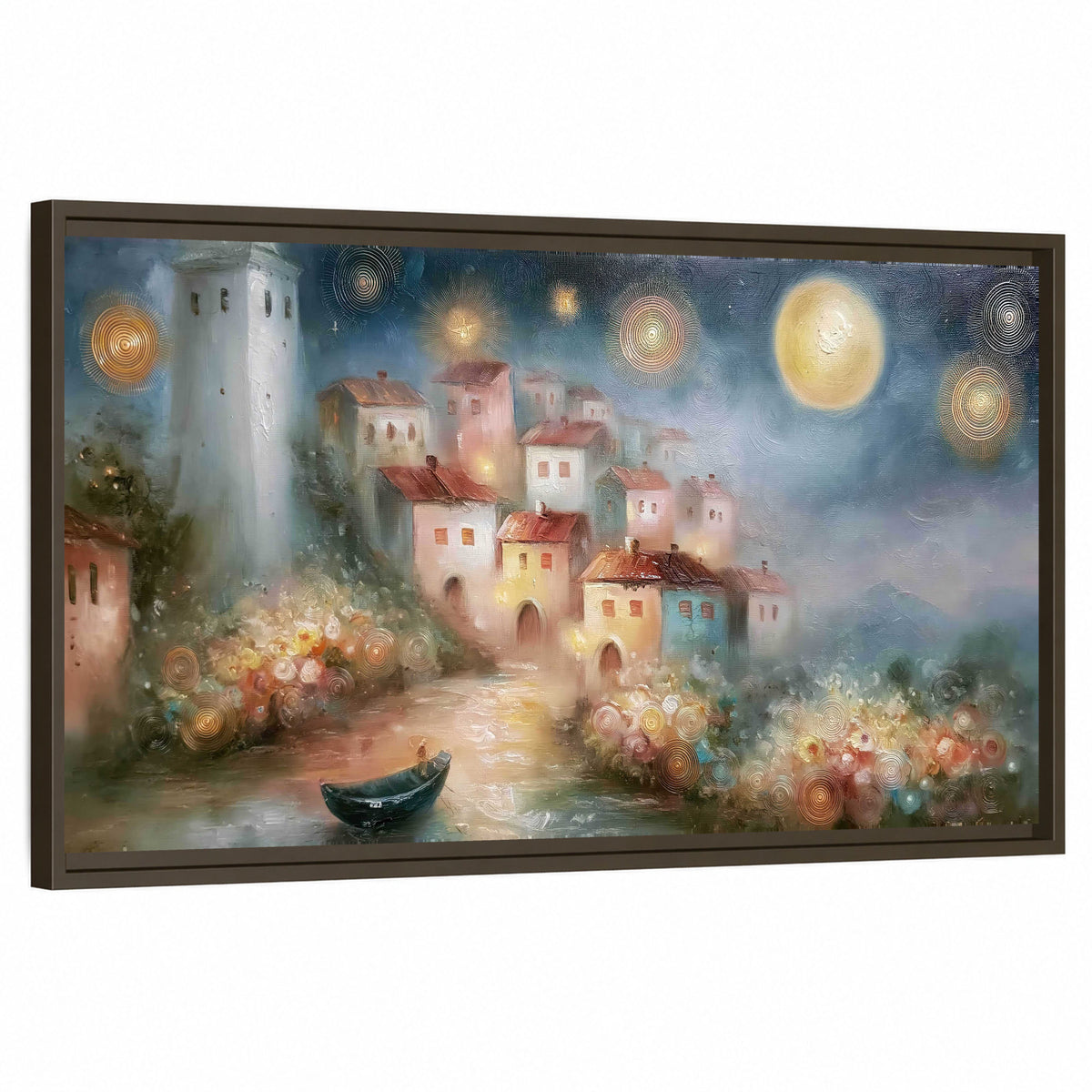 Moonlit village painting framed canvas wall art on a white background
