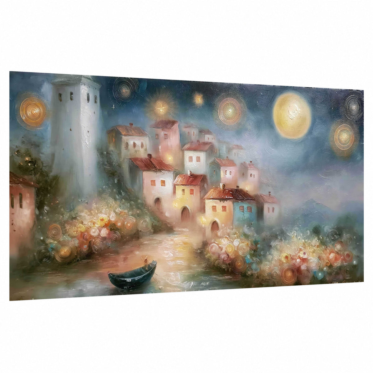 Moonlit village painting poster print on a white background