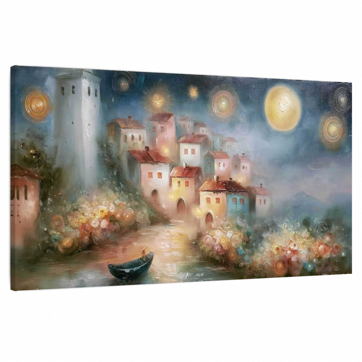 Moonlit village painting stretched canvas wall art on a white background