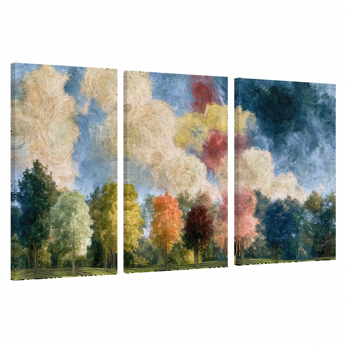 Swirling sky tree painting 3 piece canvas wall art set on a white background