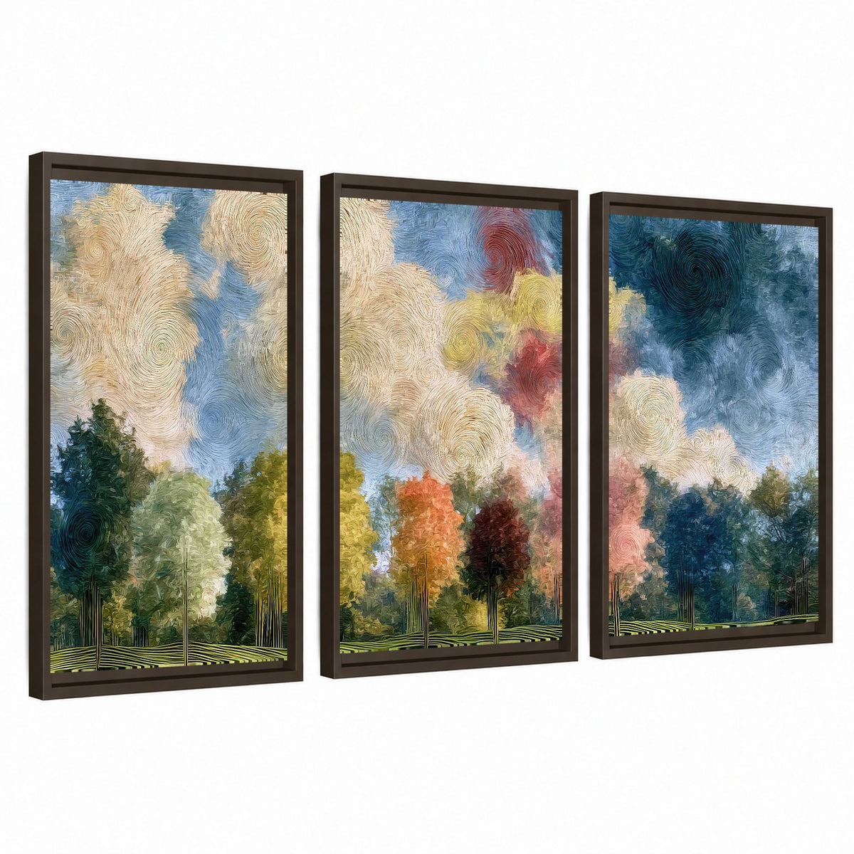 Swirling sky tree painting 3 piece framed canvas wall art set on a white background