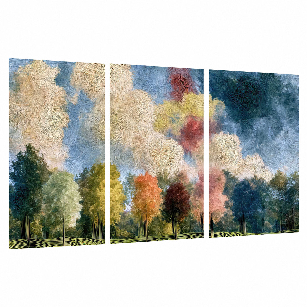 Swirling sky tree painting set of 3 poster prints on a white background